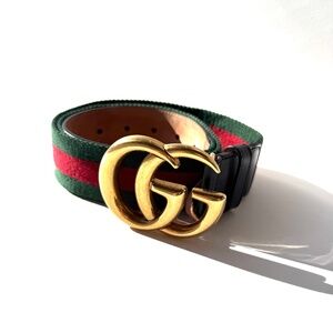 GUCCI Web Accent GG Logo Buckle Wide Canvas Leather Belt 95 38